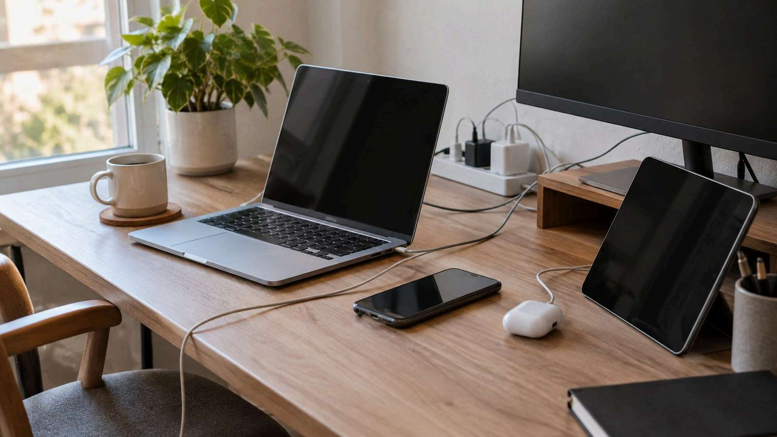 Laptop, phone, and earbuds charging from separate chargers of the power strip on a home office desk