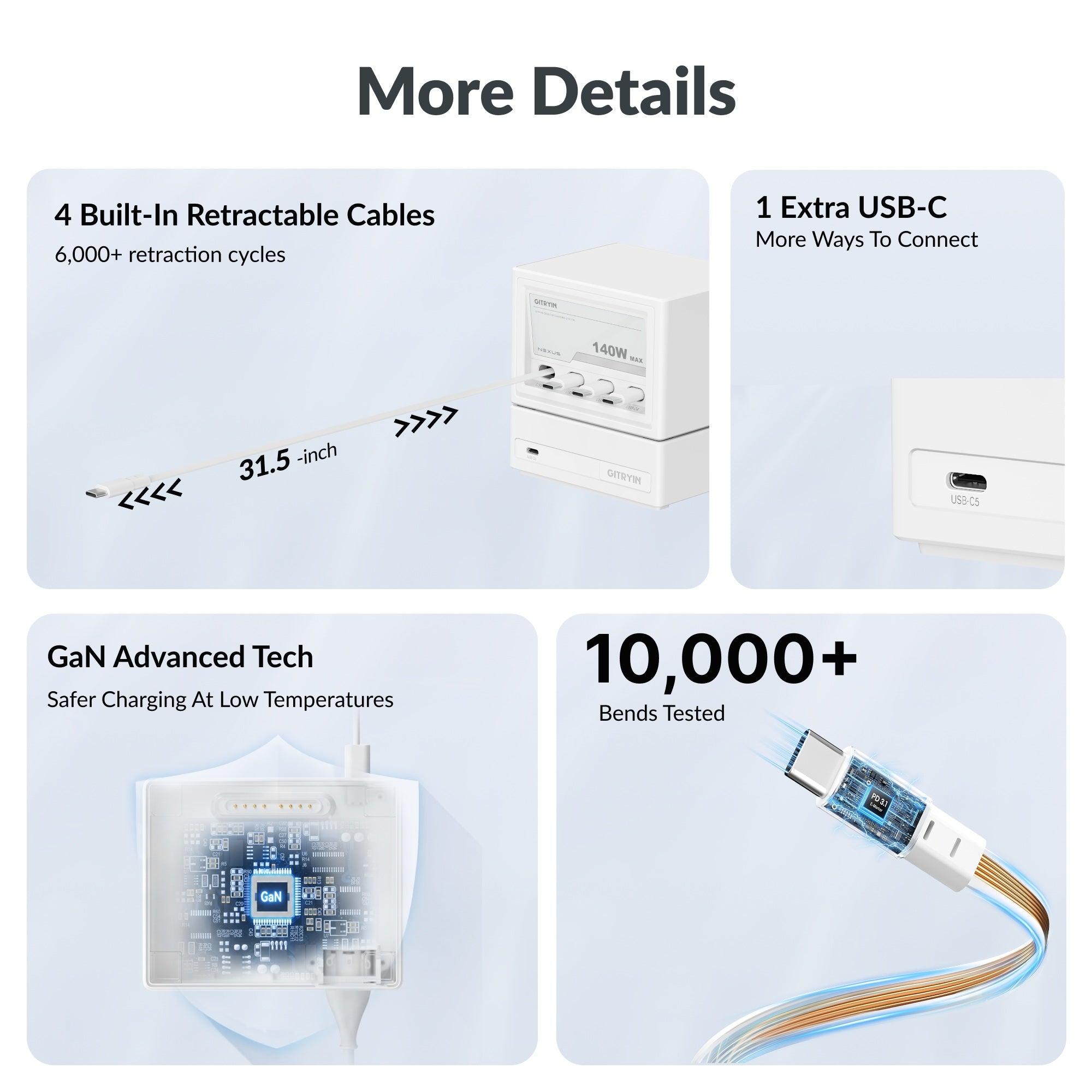 Gitryin 140W charging station features four retractable USB-C cables, an extra USB-C port, GaN technology, and durable retractable cables. Features