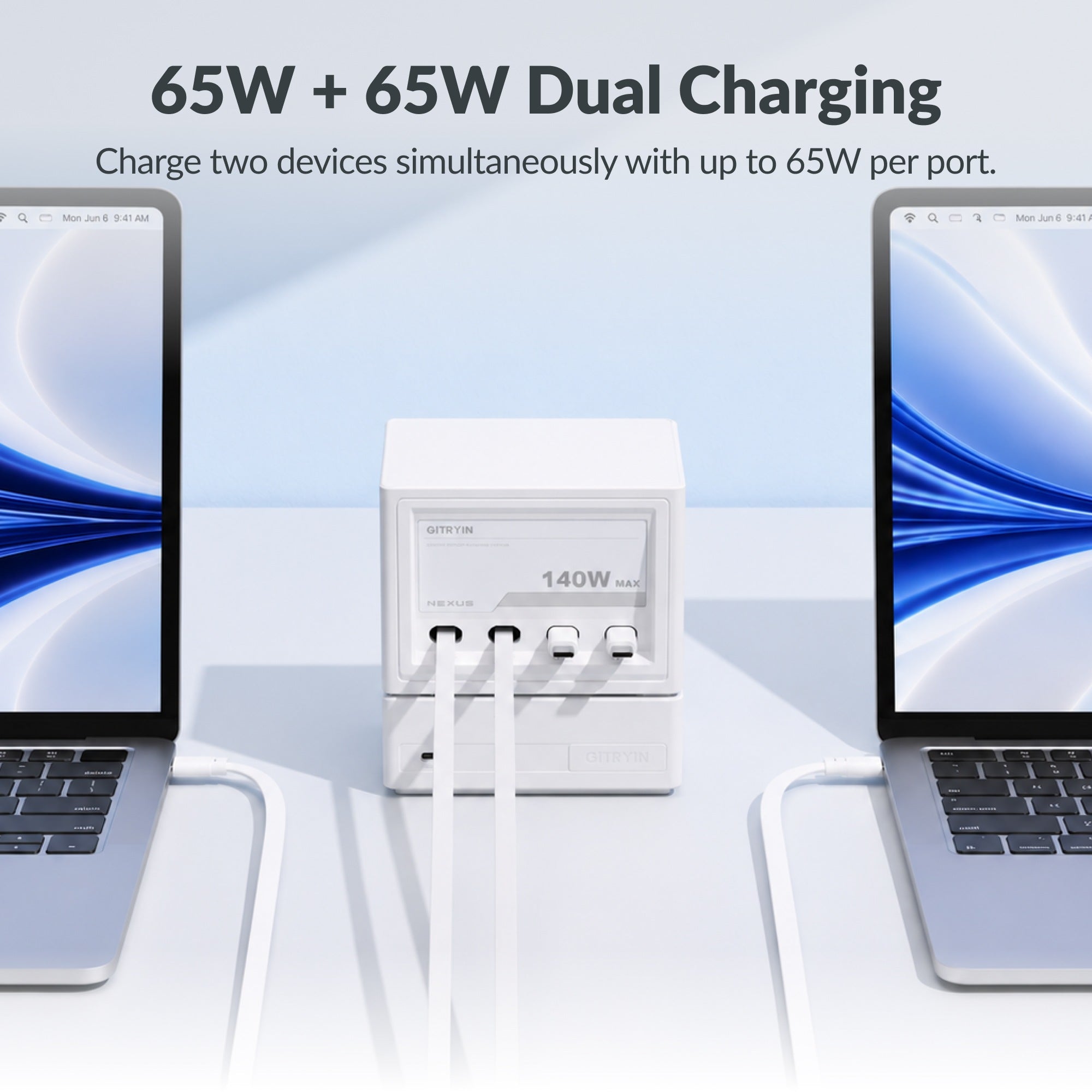 Gitryin 140W charging station simultaneously charges two laptops with up to 65W per port. Features