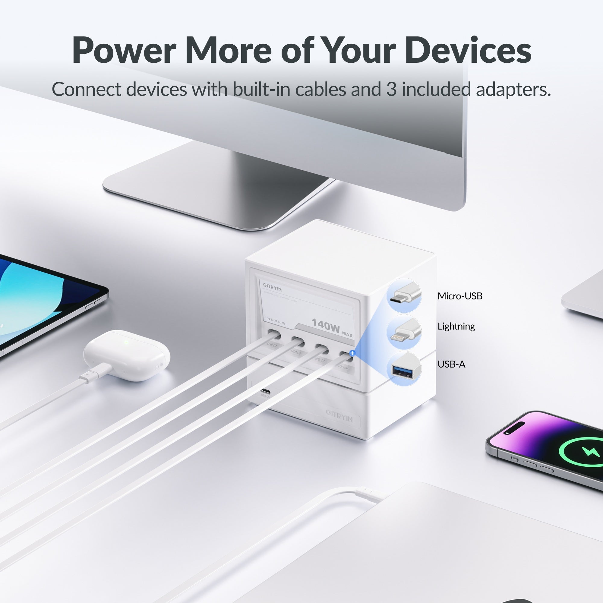Gitryin retractable charging station connects multiple devices using built-in USB-C cables and three included adapters. Features
