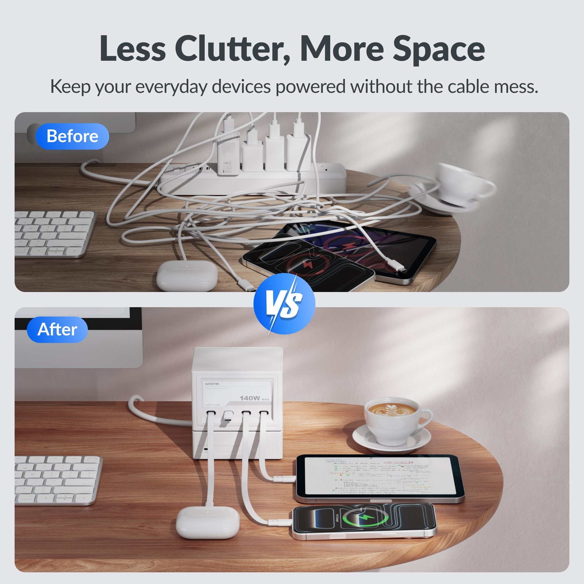 Gitryin retractable charging station keeps desk cables organized and reduces clutter compared with a tangled workspace. Features