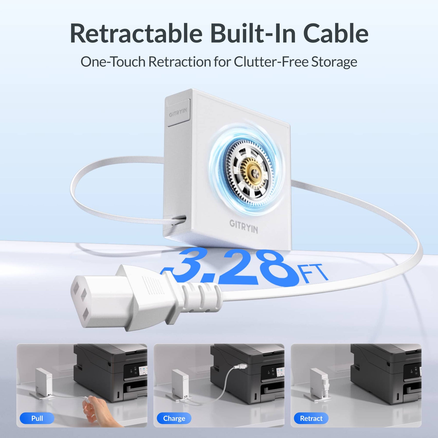 Gitryin Retractable Power Supply Module - C13 Features showing the white model with a built-in 3.28-foot cable and one-touch retraction for clutter-free storage