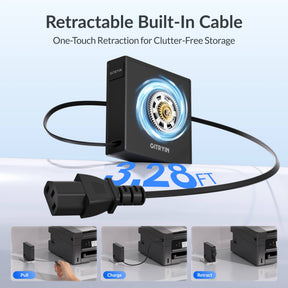 Gitryin Retractable Power Supply Module - C13 Features showing the black model with a built-in 3.28-foot cable and one-touch retraction for clutter-free storage