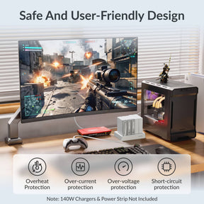 Gitryin Retractable Power Supply Module - C13 Features showing the white model with overheat, overcurrent, overvoltage and short-circuit protection for safer computer power