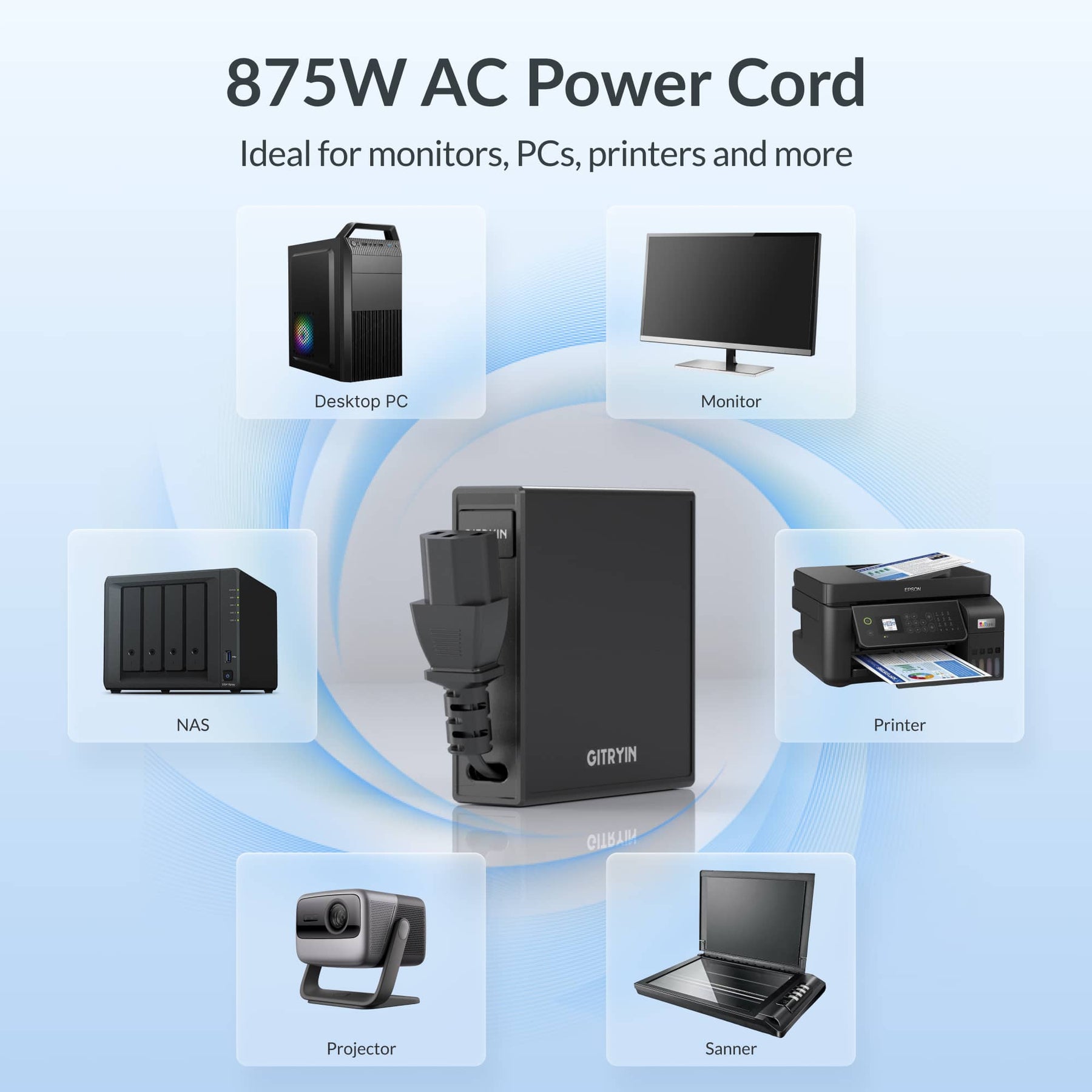 Gitryin Retractable Power Supply Module - C13 Features showing the black model with 875w ac power for compatible desktop computers, monitors, printers and more