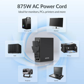 Gitryin Retractable Power Supply Module - C13 Features showing the black model with 875w ac power for compatible desktop computers, monitors, printers and more