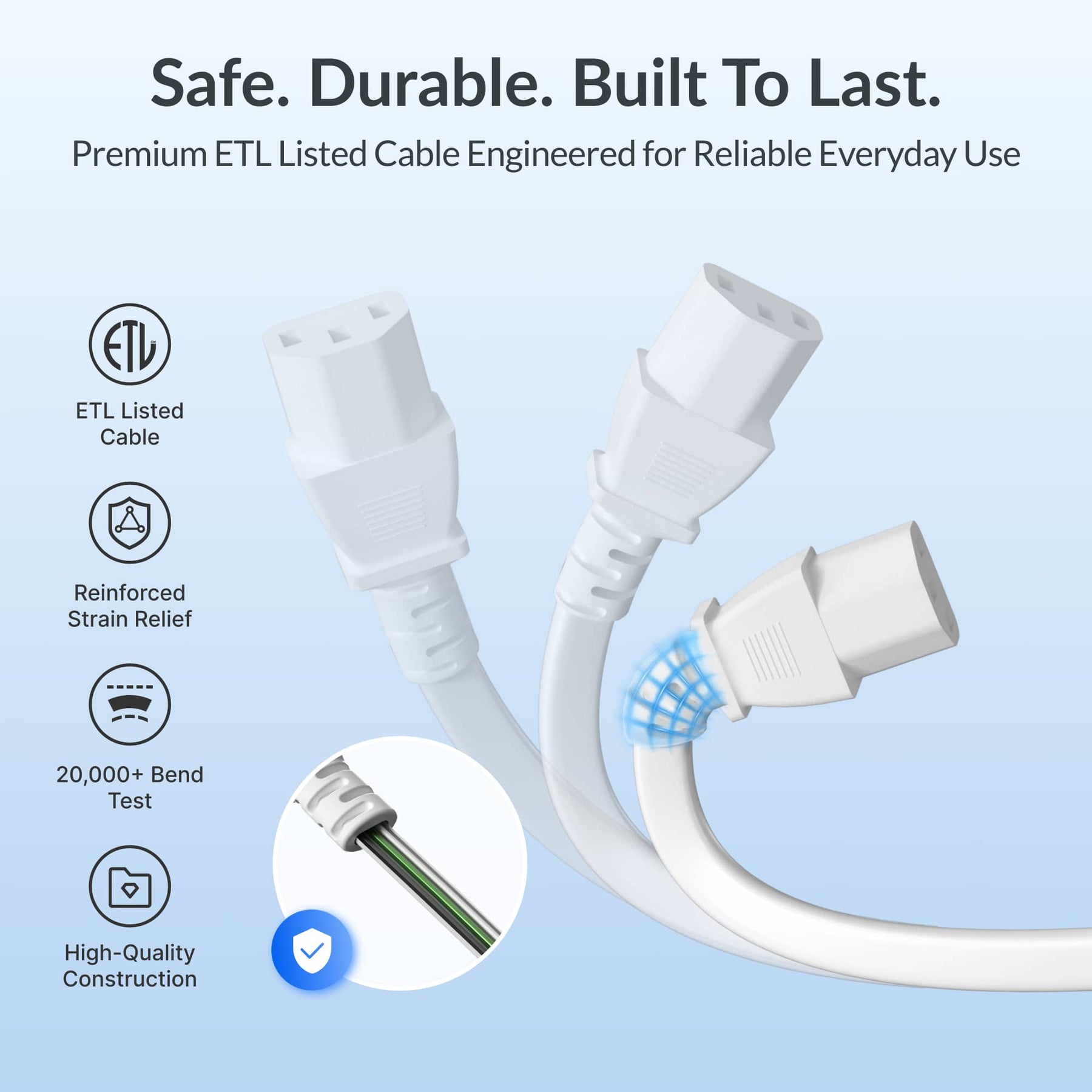 Gitryin Retractable Power Supply Module - C13 Features showing the white model with an etl-listed cable, reinforced strain relief and over 20,000 bend tests for everyday durability