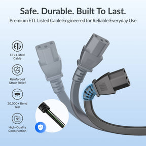 Gitryin Retractable Power Supply Module - C13 Features showing the black model with an etl-listed cable, reinforced strain relief and over 20,000 bend tests for everyday durability