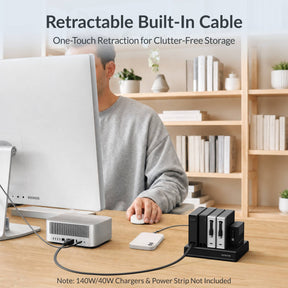 Gitryin Retractable Power Supply Module - C13 Features showing the black model powering a desktop computer with a built-in retractable cable for convenient home office use and storage