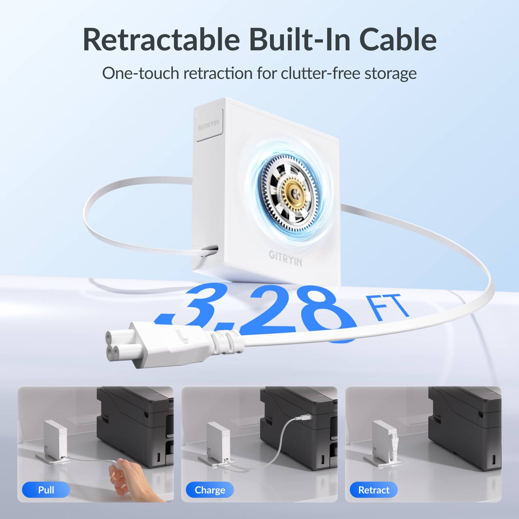 Gitryin Retractable Power Supply Module - C5 Features showing the white model with a built-in 3.28-foot cable and one-touch retraction for clutter-free storage