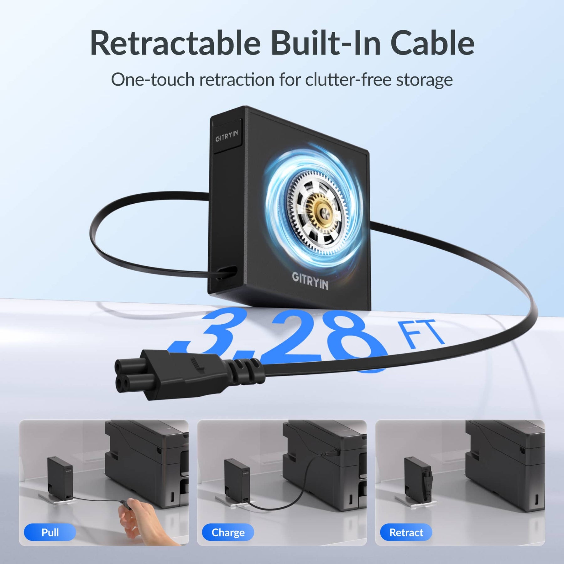 Gitryin Retractable Power Supply Module - C5 Features showing the black model with a built-in 3.28-foot cable and one-touch retraction for clutter-free storage