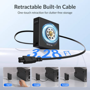 Gitryin Retractable Power Supply Module - C5 Features showing the black model with a built-in 3.28-foot cable and one-touch retraction for clutter-free storage