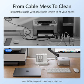 Gitryin Retractable Power Supply Module - C5 Features showing the white model with adjustable cable length for a tidier desk before and after