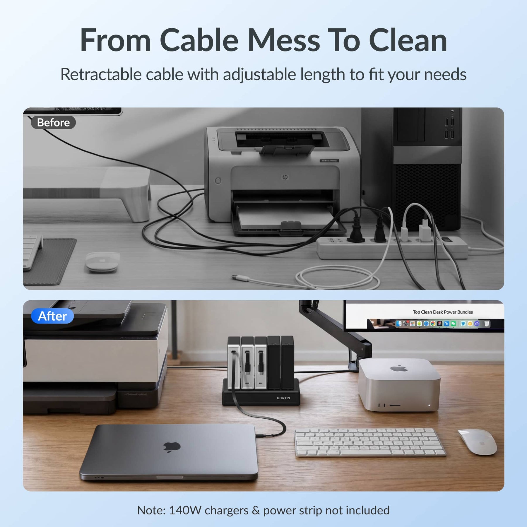 Gitryin Retractable Power Supply Module - C5 Features showing the black model with adjustable cable length for a tidier desk before and after