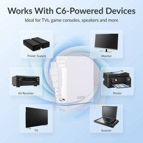 Gitryin Retractable Power Supply Module - C5 Features showing the white model powering compatible c6-inlet devices for office and home entertainment setups