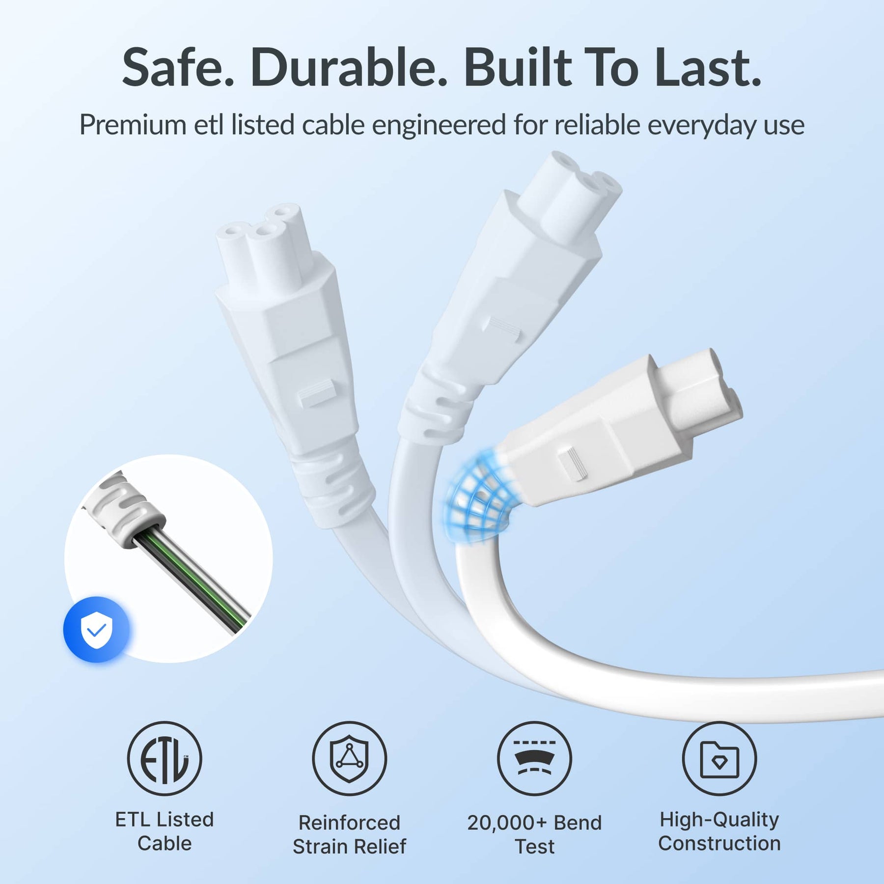 Gitryin Retractable Power Supply Module - C5 Features showing the white model with an etl-listed cable, reinforced strain relief and over 20,000 bend tests for everyday durability