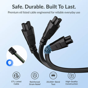 Gitryin Retractable Power Supply Module - C5 Features showing the black model with an etl-listed cable, reinforced strain relief and over 20,000 bend tests for everyday durability