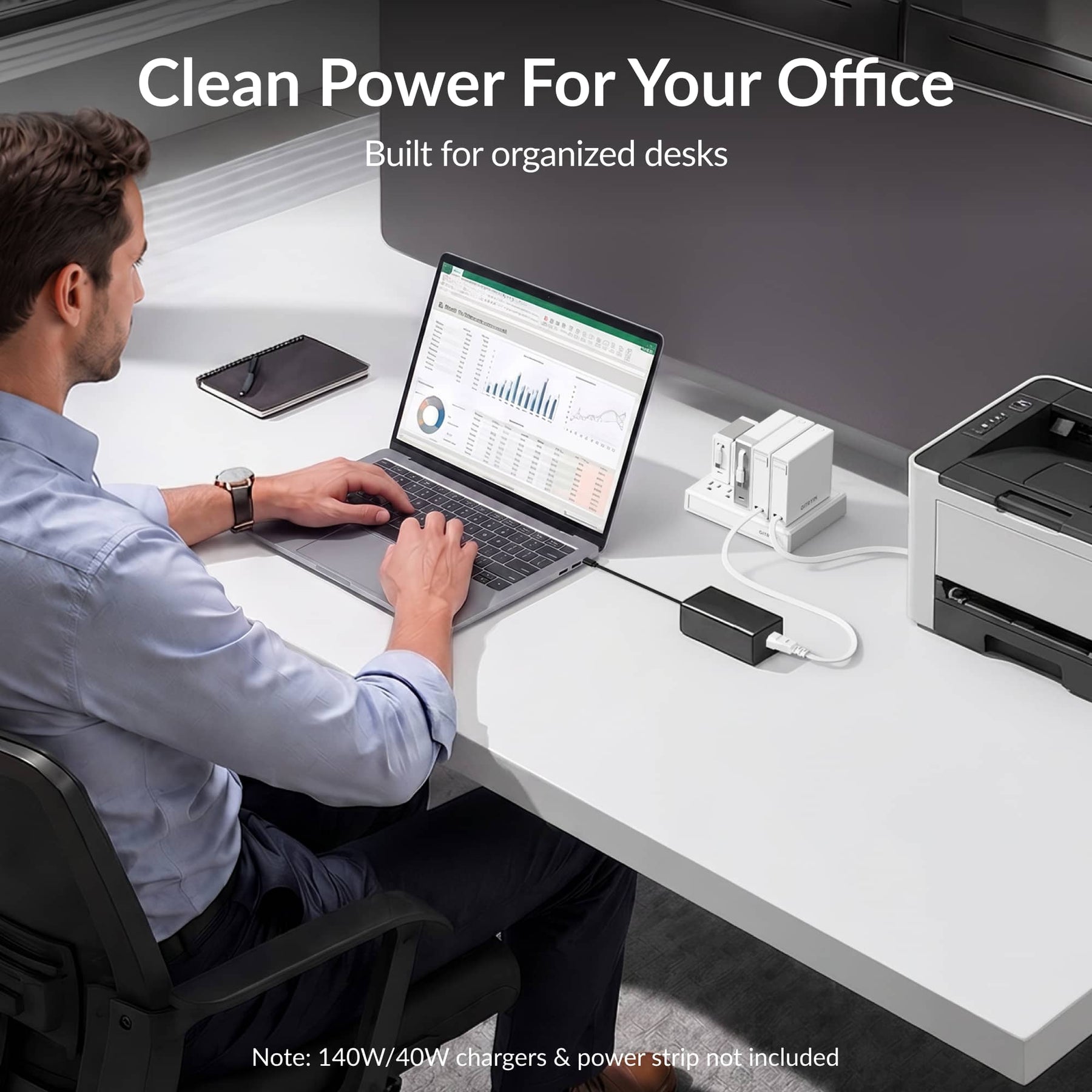 Gitryin Retractable Power Supply Module - C5 Features showing the white model powering a laptop adapter and printer for an organized office desk