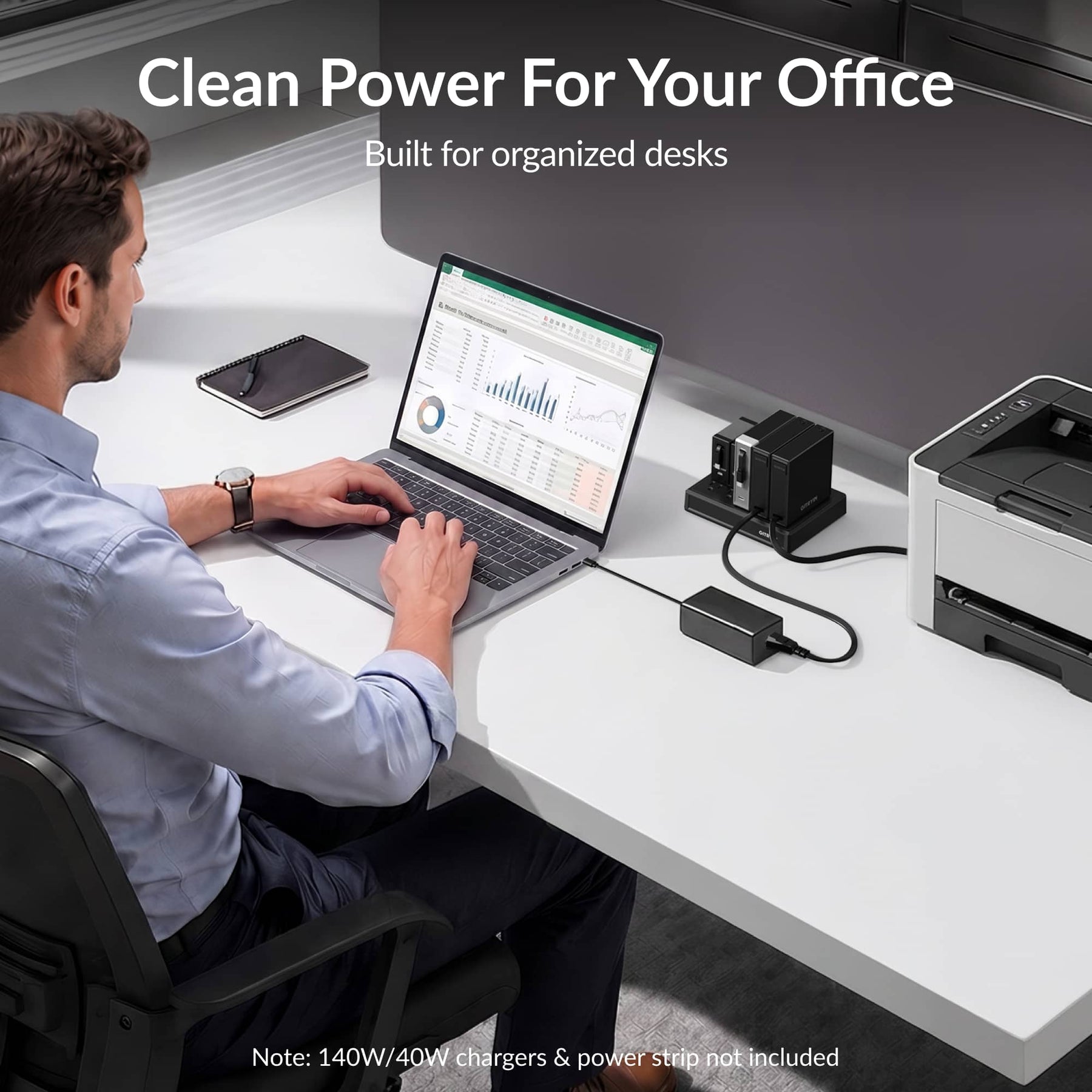 Gitryin Retractable Power Supply Module - C5 Features showing the black model powering a laptop adapter and printer for an organized office desk