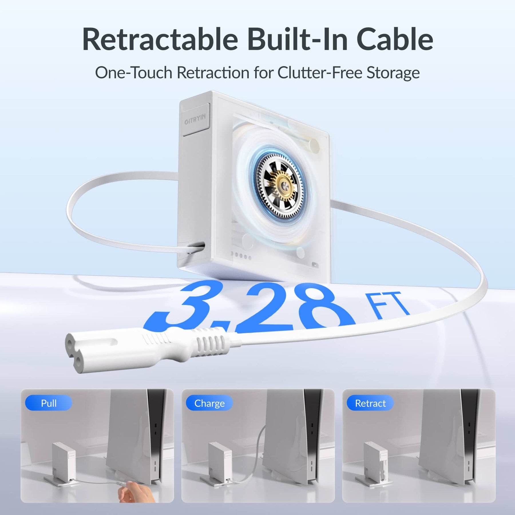 Gitryin Retractable Power Supply Module - C7 Features showing the white model with a built-in retractable cable and one-touch retraction for clutter-free storage
