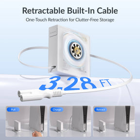 Gitryin Retractable Power Supply Module - C7 Features showing the white model with a built-in retractable cable and one-touch retraction for clutter-free storage
