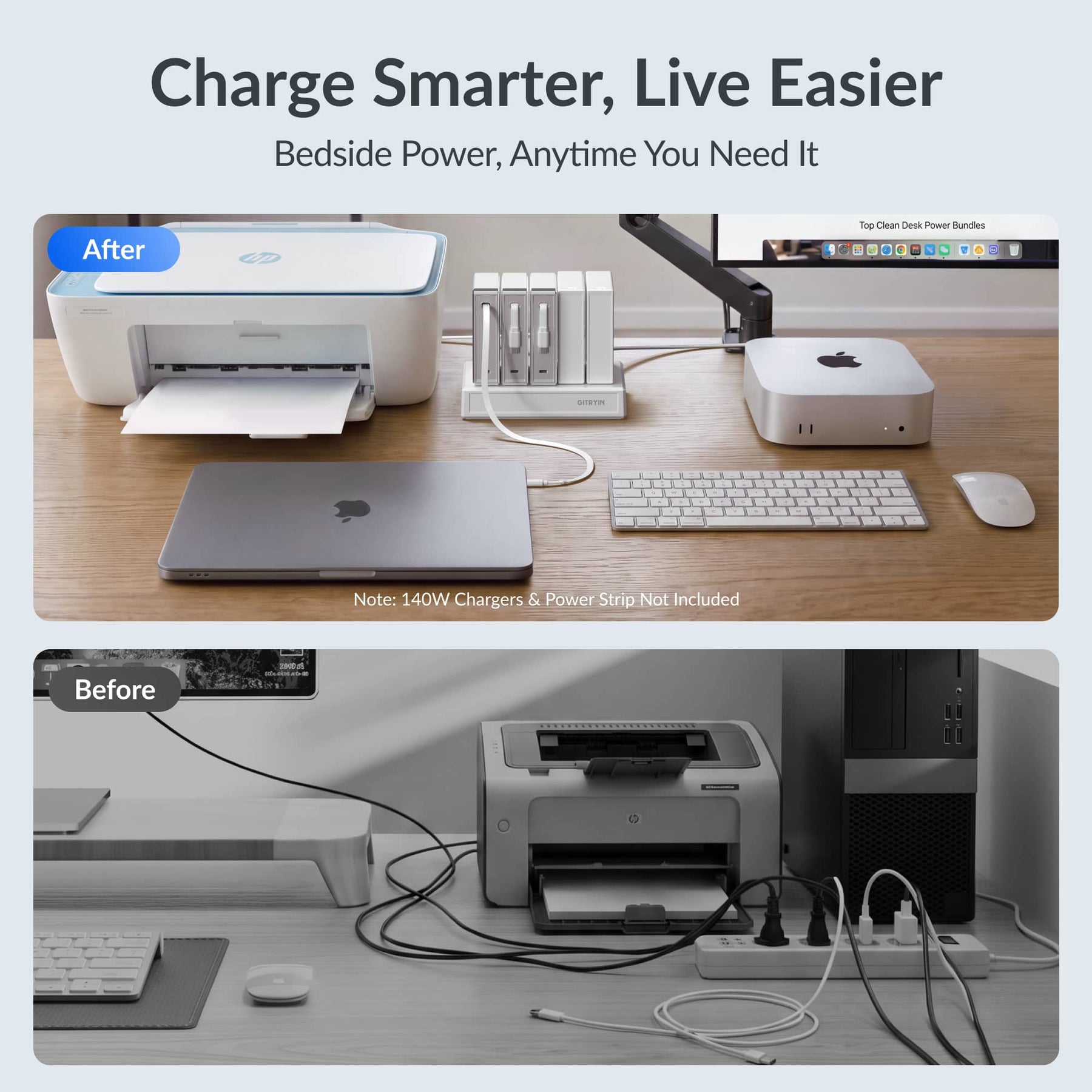 Gitryin Retractable Power Supply Module - C7 Features showing the white model reducing cable clutter for a tidier workspace before and after