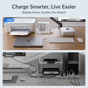 Gitryin Retractable Power Supply Module - C7 Features showing the white model reducing cable clutter for a tidier workspace before and after