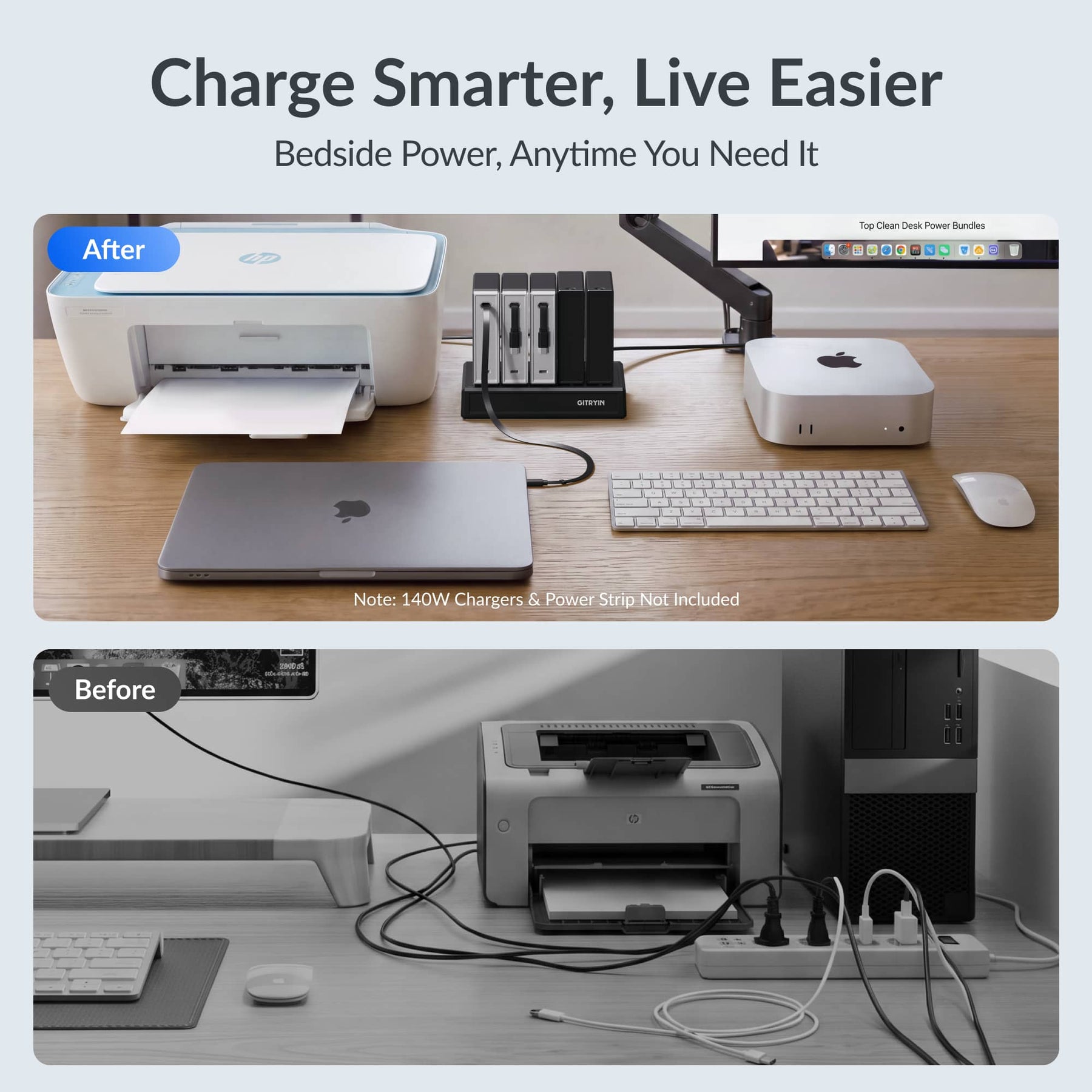 Gitryin Retractable Power Supply Module - C7 Features showing the black model reducing cable clutter for a tidier workspace before and after