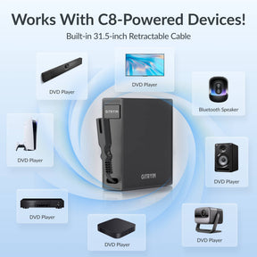 Gitryin Retractable Power Supply Module - C7 Features showing the black model powering compatible c8-inlet devices including televisions, game consoles and speakers