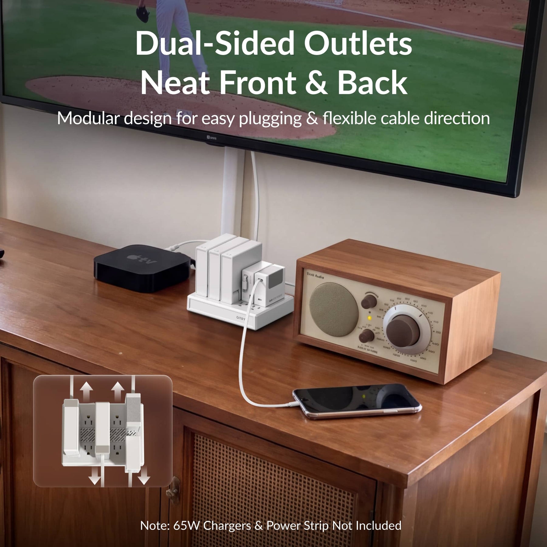Gitryin Retractable Power Supply Module - C7 Features showing the white model paired with a dual-sided outlet base for flexible module positioning and tidy cable routing