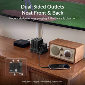 Gitryin Retractable Power Supply Module - C7 Features showing the black model paired with a dual-sided outlet base for flexible module positioning and tidy cable routing